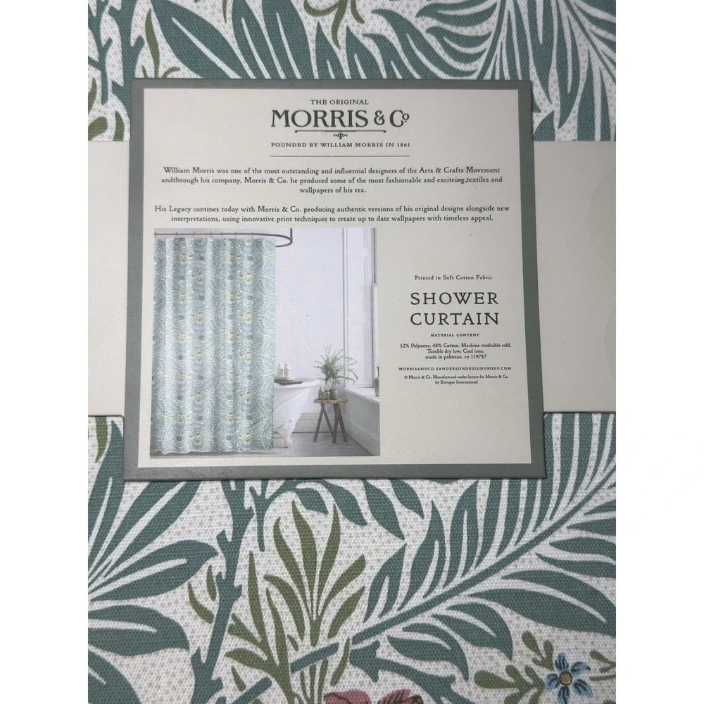William Morris Shower Curtain Larkspur Mineral Fabric Botanical Floral Leaves